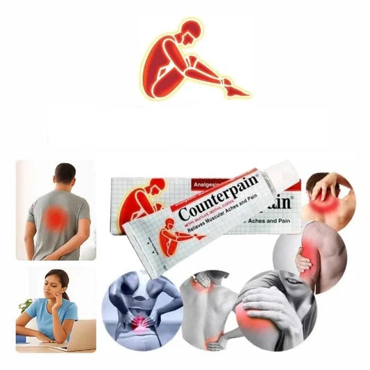 Crème chauffante Counterpain rouge pour soulager douleurs musculaires et articulaires.