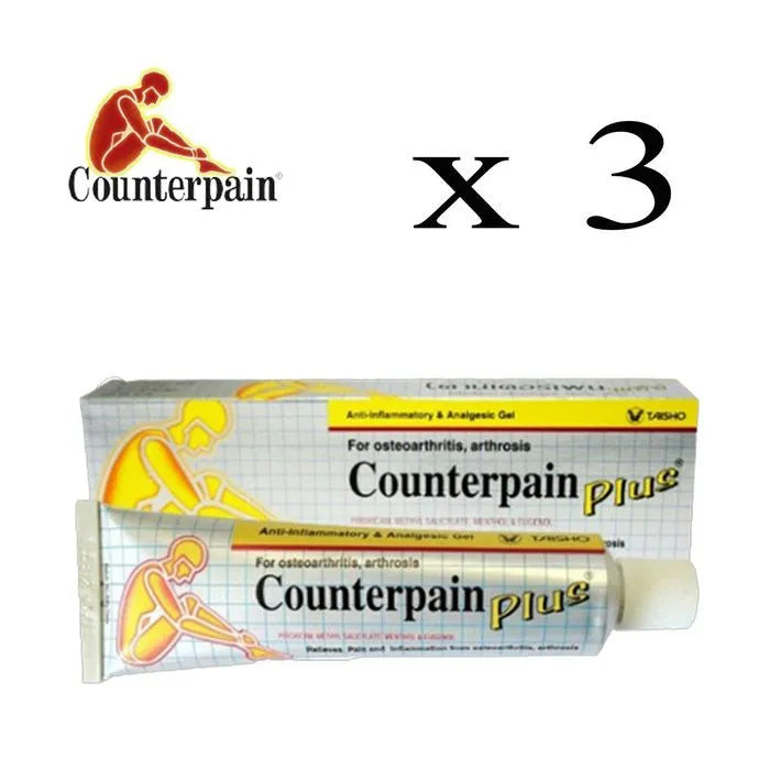3 tubes de Gel Counterpain Plus avec son embalage et le logo counterpain en haut a gauche: texte en anglais sur l'emballage : For osteoarthritis, arthrosis