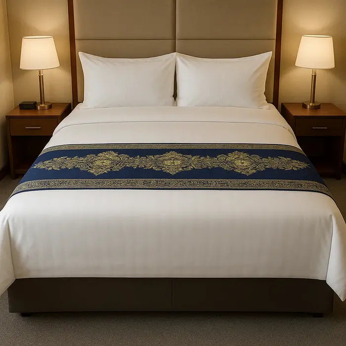 Lit d'hôtel élégant avec couvre-lit bleu brodé, oreillers blancs, et lampes de chevet.