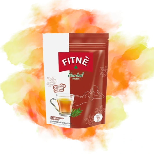 Sachet de thé rouge Fitné pour infusion, avec une tasse de thé et des herbes.