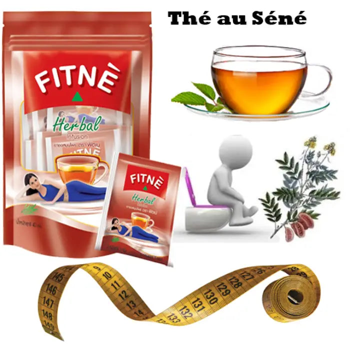 Un paquet de thé FITNÉ Herbal, une tasse de thé, une silhouette sur des toilettes, une plante et un mètre ruban. Le texte "Thé au Séné" est visible en haut.