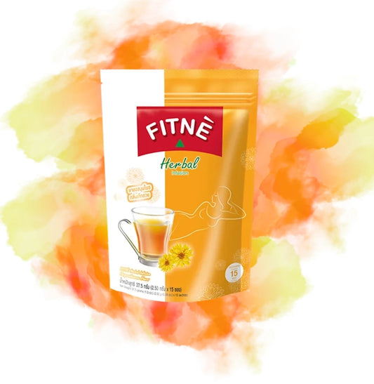Sachet de thé Fitné Herbal Infusion jaune, avec une tasse de thé et des fleurs.