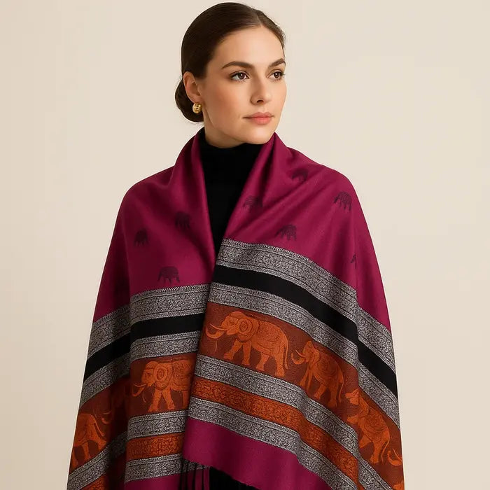 Une femme enveloppée dans un châle violet avec des motifs d'éléphants orange et des bordures noires et grises.