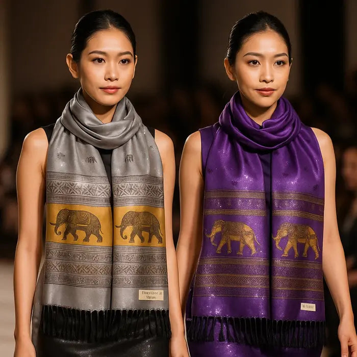 Due donne indossano eleganti foulard thailandesi con un motivo raffigurante un elefante dorato, nei colori grigio e viola.