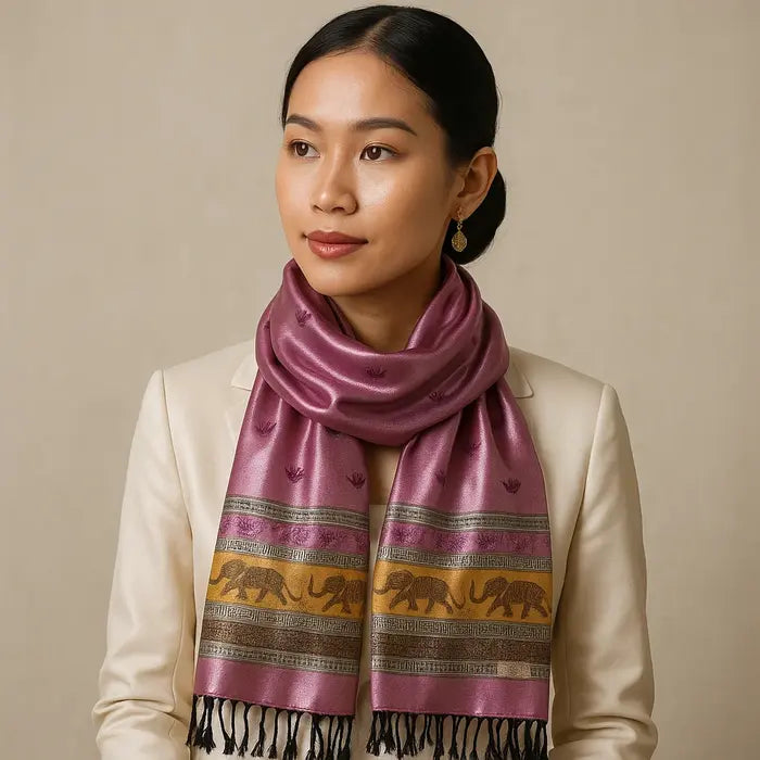 Femme élégante portant un foulard en soie vieux rose avec motifs éléphants et franges noires.
Femme élégante portant un foulard en soie vieux rose avec motifs éléphants et franges noires.
Femme élégante portant un foulard en soie vieux rose avec motifs éléphants et franges noires.