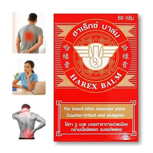 Baume Harex pour piqûres d'insectes et douleurs musculaires, avec images de douleurs lombaires et cervicales.