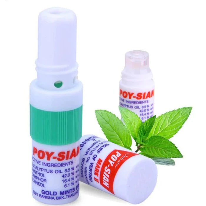 Inhalateur Nasal de poche Poy-Sian, en trois parties avec des feuilles de menthe
