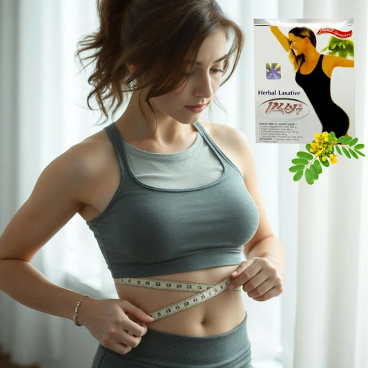 Femme mesurant son tour de taille, avec un paquet de laxatif Lilly7 Herbal et une plante à fleurs jaunes.