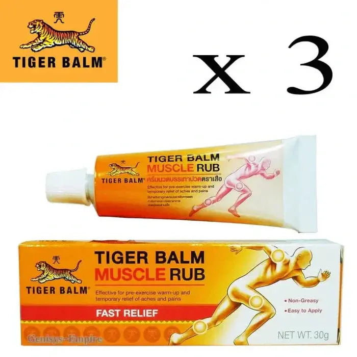 muscles-baume-tigre Emballage de la crème Tiger Balm Muscle Rub. Tube et boîte orange et jaune, indiquant 'TIGER BALM MUSCLE RUB.Lot de 3