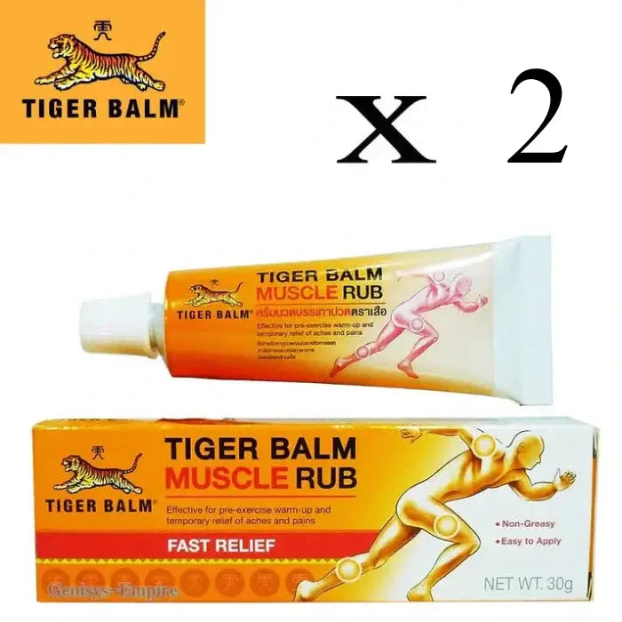 Confezione della crema Tiger Balm Muscle Rub. Tubetto e scatola arancioni e gialli, con l'etichetta "TIGER BALM MUSCLE RUB". Confezione da 2.