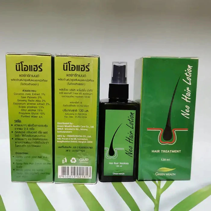 Flaska och lådor med Neo Hair Lotion från Green Wealth, med detaljer på thailändska och engelska, för hårrotsbehandling.