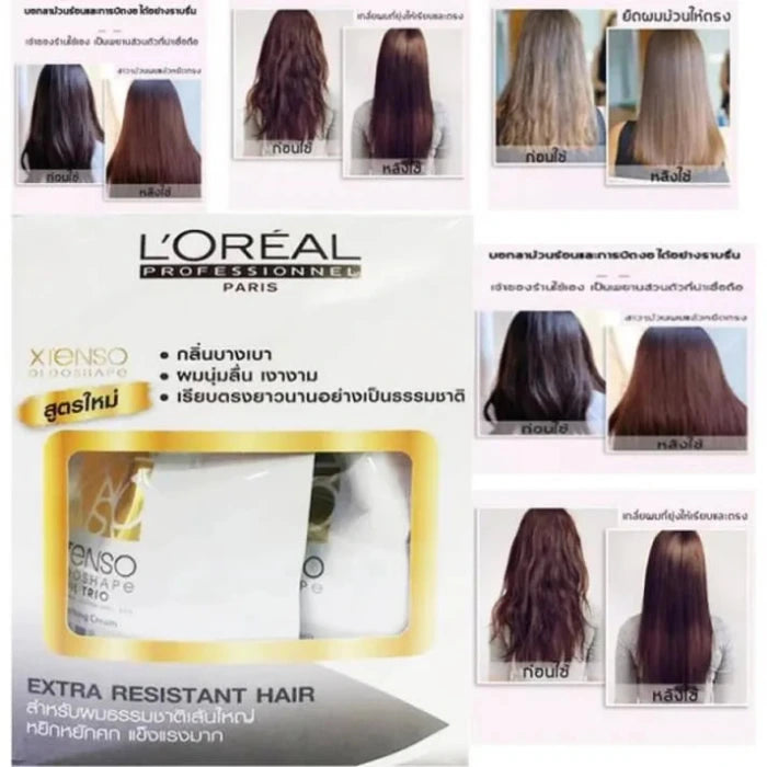 Image promotionnelle pour L'Oréal Professionnel Paris, produit capillaire "X-Tenso Oleoshape" pour cheveux "extra résistants". Avant-après montrant cheveux lissés et brillants après utilisation.