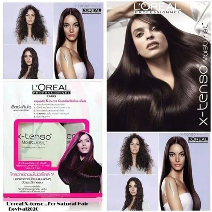 Collage publicitaire pour le traitement capillaire "X-Tenso Moisturist" de L'Oréal Professionnel. Montre des femmes avec différents types de cheveux avant et après l'utilisation du produit. Texte en anglais et en thaïlandais. Emballages de produit visibles.
