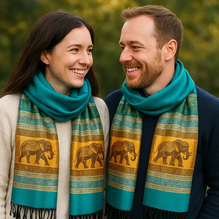 Un couple souriant porte des écharpes bleu canard ornées d’éléphants, dans un cadre naturel.