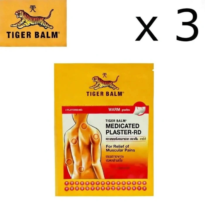 Emballage de Tiger Balm Medicated Plaster-RD, montrant un logo de tigre, une image de dos humain avec des cercles rouges indiquant les zones de douleur, et des informations sur le soulagement des douleurs musculaires. Contient 6 patchs chauds.