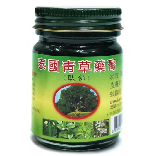 Pot de baume vert Phoyok avec étiquette verte et texte en caractères chinois, représentant un arbre au centre et des images de plantes en bas. Étiquette en partie illisible, contenant un code-barres.