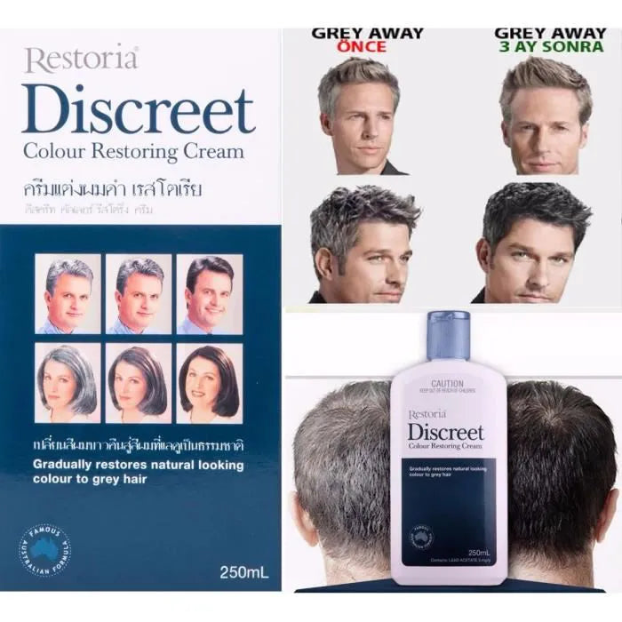 Restoria Discreet Color Restoring Cream 250 ml förpackning och reklambilder som visar den gradvisa återställandet av grå hårfärg.
