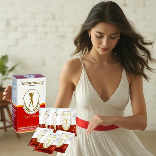 Jeune femme aux longs cheveux bruns, en robe blanche, avec du thé Ngamrahong en sachets et en boîte.