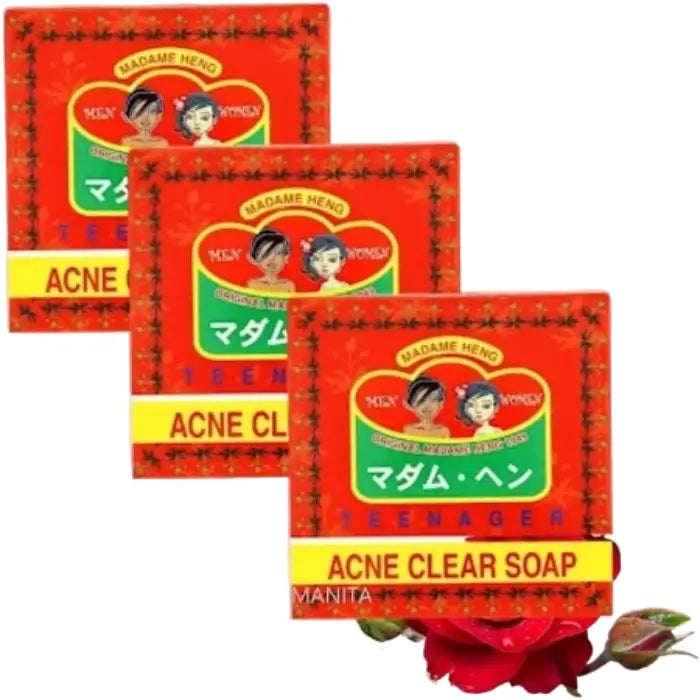 3 boites de savons anti acné marque Madame Heng.une inscription sur chaque boite : ACNE CLEAR SOAP.