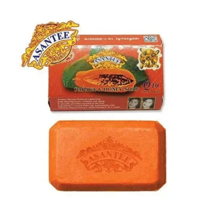 Boîte de savon Asantee papaye et miel, avec image de papaye et logo Asantee, savon orange inclus.