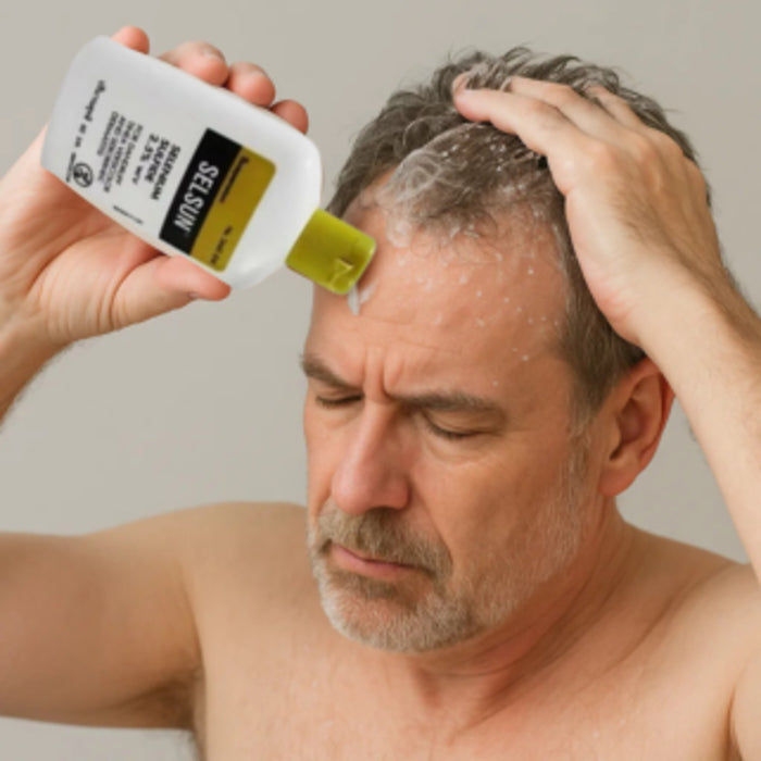 Un homme applique du shampoing antipelliculaire Selsun sur son cuir chevelu en se massant.