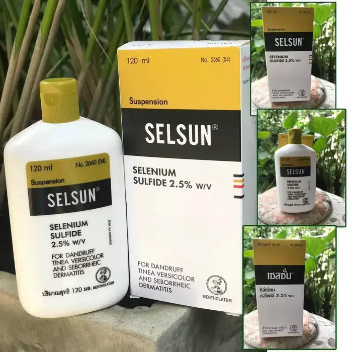 Flacon et boîte du shampoing Selsun 2,5 % au sulfure de sélénium, traitement antipelliculaire efficace.
Quels sont les ingrédients actifs du shampoing Selsun ?
À quelle fréquence devrais-je l'utiliser pour voir des résultats ?
Y a-t-il des effets secondaires possibles avec ce shampoing ?