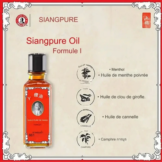 Image d'une bouteille d'Huile Siang Pure avec les ingredients principaux : Menthe Poivrée et clou de girofle