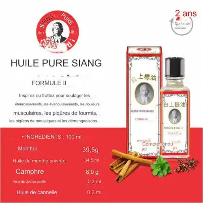 image promotionnelle d'Huile Siang Pure blanche, huile médicamentée avec 4 vignettes représentantes les utilisations
