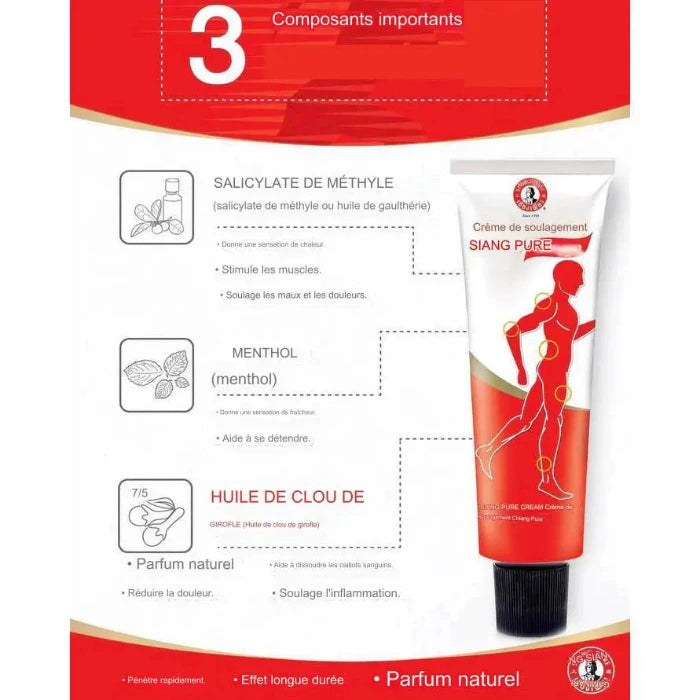 une image indique les composants importants de Siang Pure Cream : mnthol, huile de clou de girofle salicylate de methyle