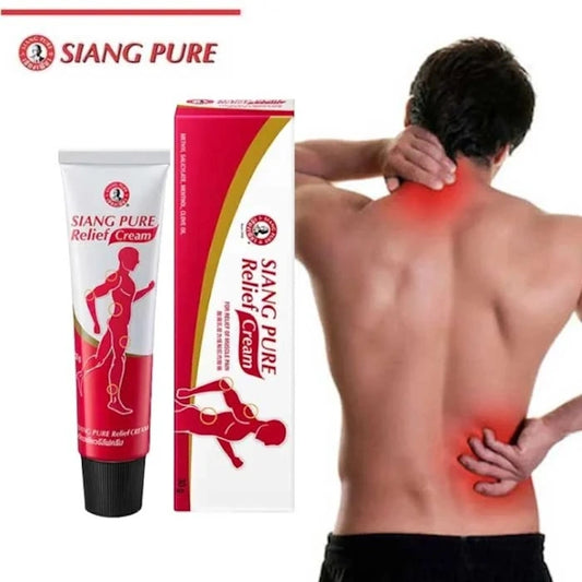 Siang Pure Relief Cream för lindring av muskelsmärtor, med en man som håller i nacken och nedre delen av ryggen.