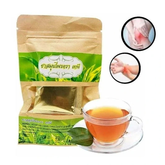 Tasse de thé Tapee avec une feuille de thé et des images de douleurs articulaires et aux mains.