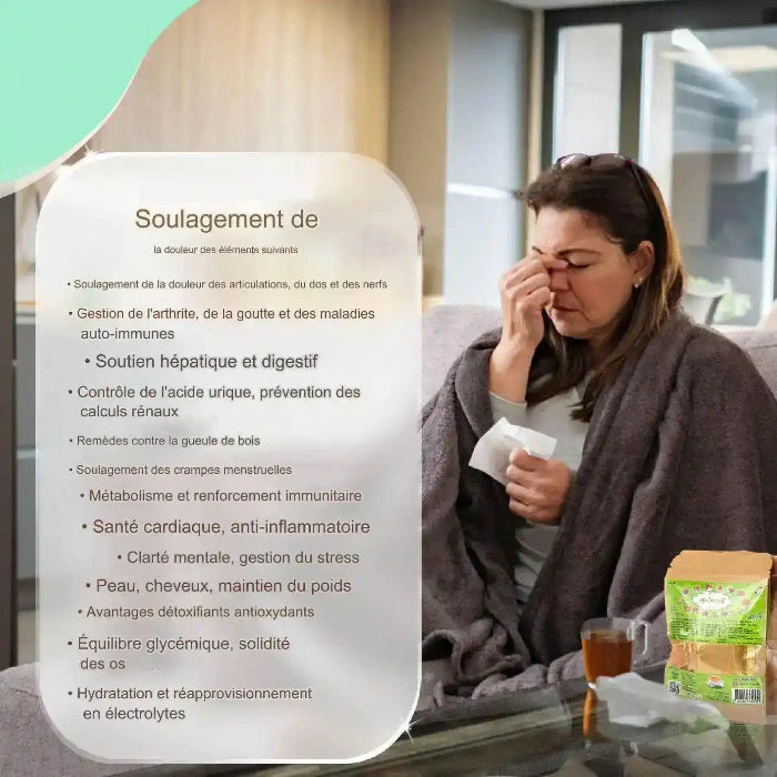 Personne sur canapé avec couverture et mouchoir, thé sur la table, liste en français des bienfaits santé : soulagement douleur, arthrite, foie, digestion, reins, etc.