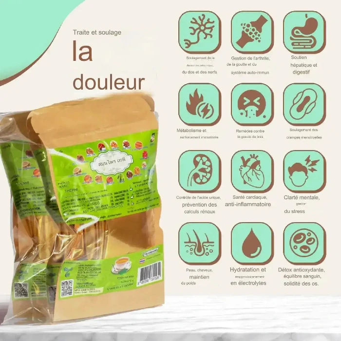 Emballage vert de produit de santé listant des bienfaits en français : anti-douleur, arthrite, foie, digestion, rein, coeur, mental, peau, détox.