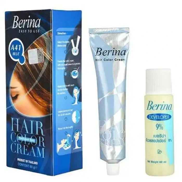 Berina A41 Blue Hair Dye Kit, inklusive en färgkräm och en 9% framkallare.