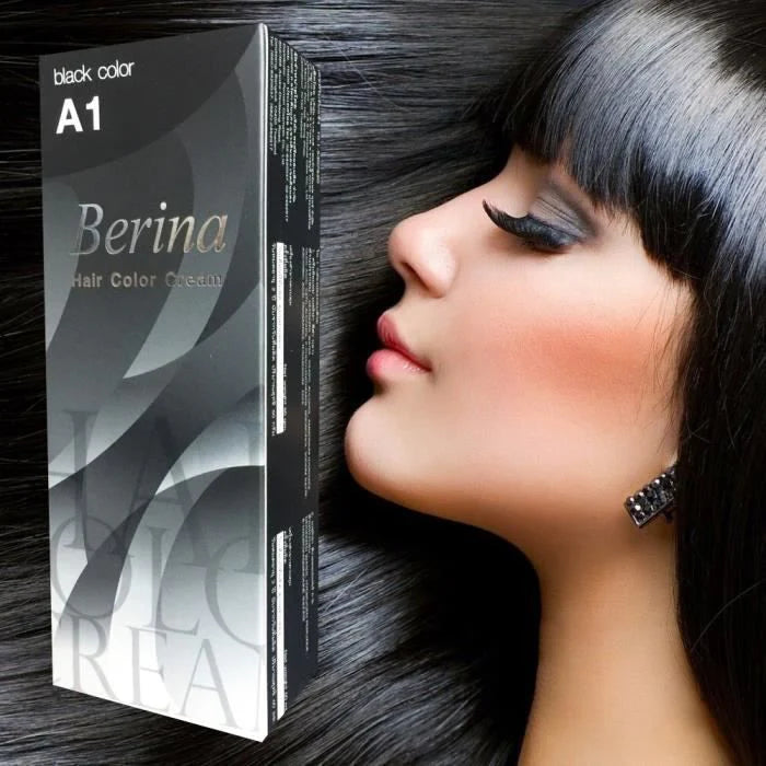 Boîte de teinture pour cheveux Berina couleur noire A1 avec des cheveux noirs en arrière-plan.capillaire, Coloration des cheveux, Berina A1