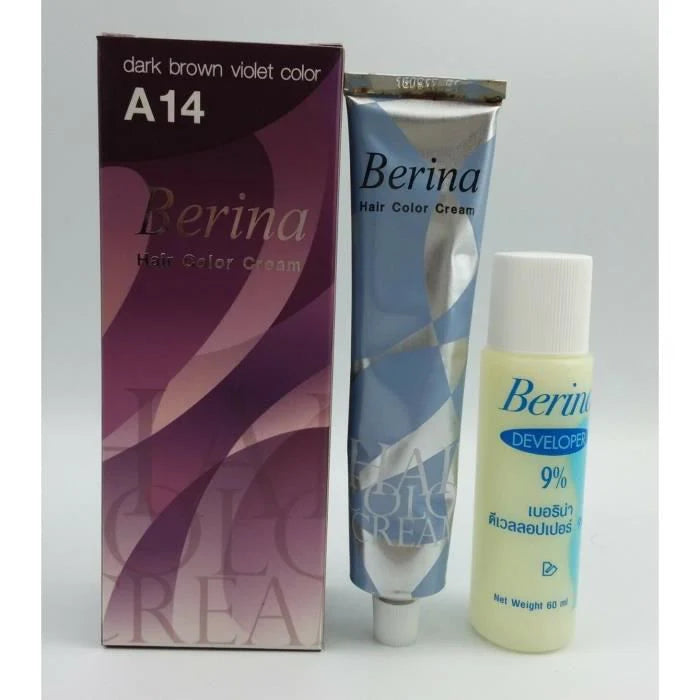 Berina Hair Color Cream färg A14 (mörkbrun-lila), foto på matchande färgat hår ingår.