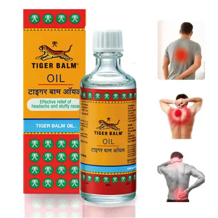 Huile Tiger Balm pour le soulagement des maux de tête et des douleurs musculaires, avec des schémas corporels.
