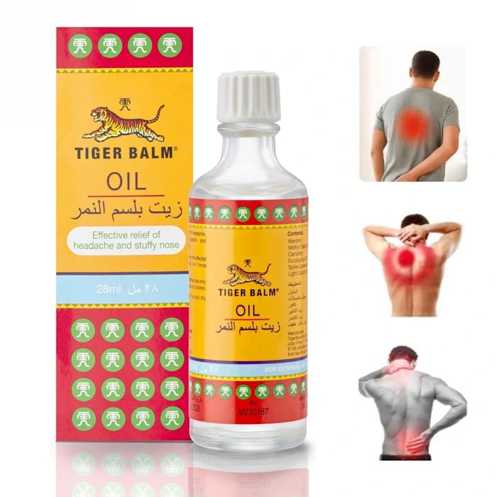 Huile Tiger Balm pour le soulagement des maux de tête et des douleurs musculaires, avec des schémas corporels.