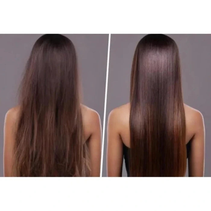 Comparaison côte à côte des cheveux avant et après un traitement. À gauche, cheveux ondulés et secs. À droite, cheveux lisses, brillants et soyeux après traitement.