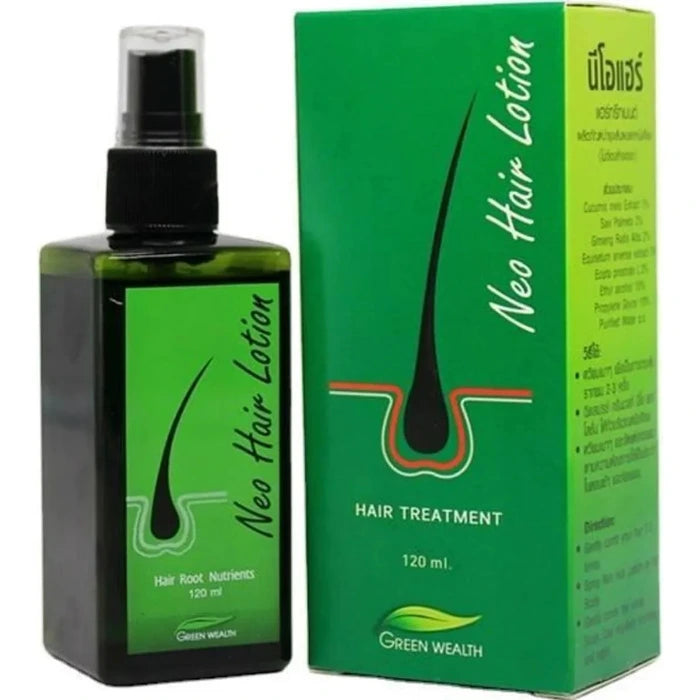 Neo Hair Lotion, 120 ml, för hårbehandling av Green Wealth, med grön låda och flaska.