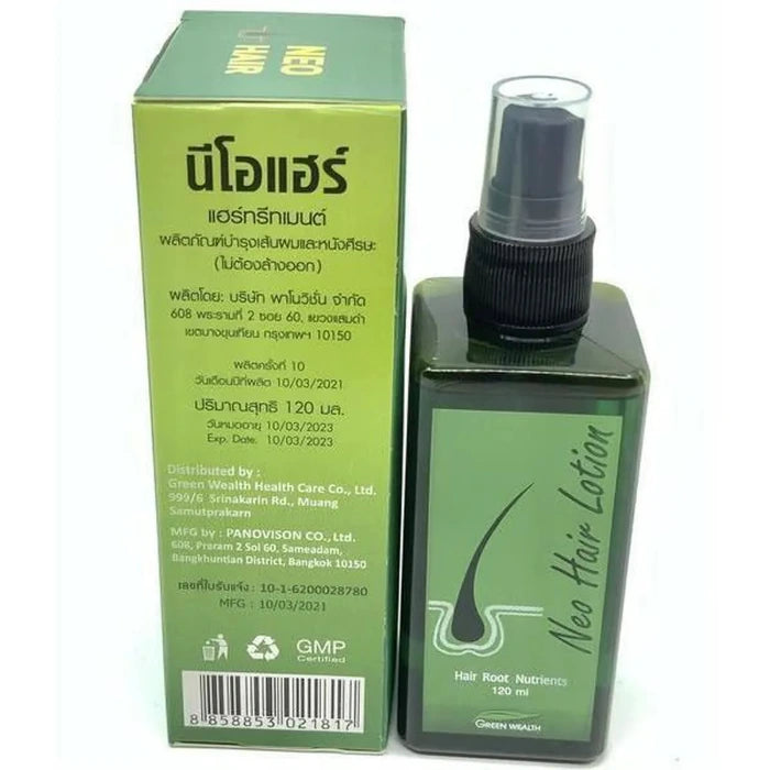 Neo Hair Lotion flaska och förpackning, som visar produktdetaljer på thailändska och engelska. Hair Root Lotion, 120ml, från Green Wealth.