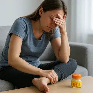 Mujer sufriendo de un esguince en el tobillo aplicando un bálsamo reparador Golden Cup.