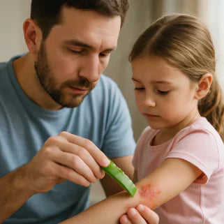 Un père applique de l'aloe vera sur le bras irrité de sa fille pour apaiser la peau.