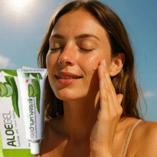Femme souriante appliquant du gel d’aloe vera sur son visage sous le soleil d’été.