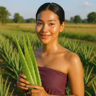 Femme souriante tenant des feuilles d’aloe vera dans un champ sous un ciel ensoleillé.