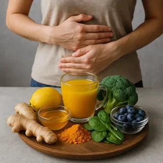 Boisson anti-inflammatoire avec des ingrédients naturels tels que le gingembre, citron, curcuma et légumes. 