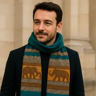 Hombre elegante con abrigo oscuro y bufanda verde marrón de elefantes, frente a fachada beige.