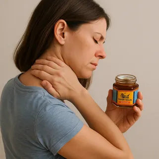 Donna che applica del Baume du Tigre Rosso sulla nuca per alleviare un dolore cervicale.