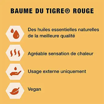 Informations sur le baume du tigre rouge : huiles essentielles, chaleur apaisante, usage externe, vegan.
