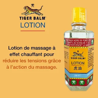 Lotion Tiger Balm chauffante pour massage, réduit tensions, soulagement musculaire, bien-être, flacon visible.